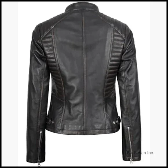Lambskin Leather Jacket Women Cafe Racer Style Distressed Brown